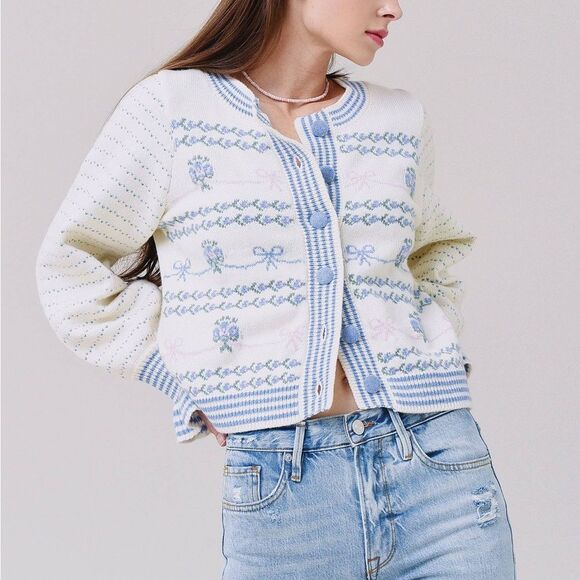 For Love Bell Cardigan – Keoni Blue Bells LoveShackFancy Inspired Sweater Sz S - Picture 1 of 9